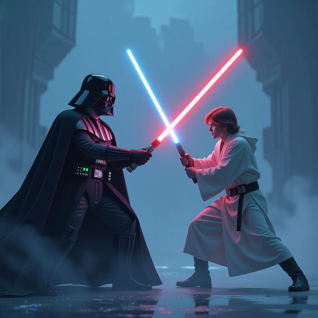 Darth Vader vs Luke Skywalker in Dark Sci-Fi Style