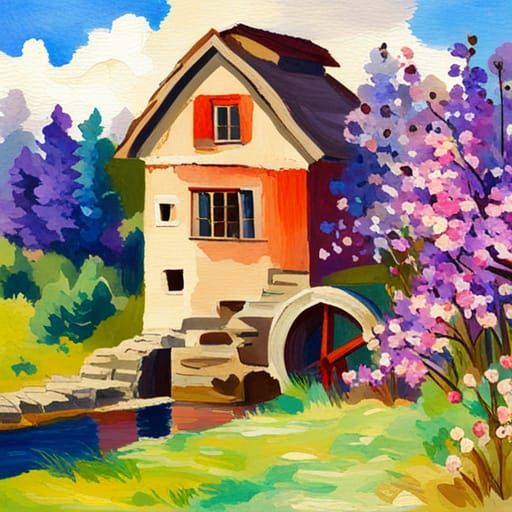 Old Watermill in Spring Meadow, Gouache Style