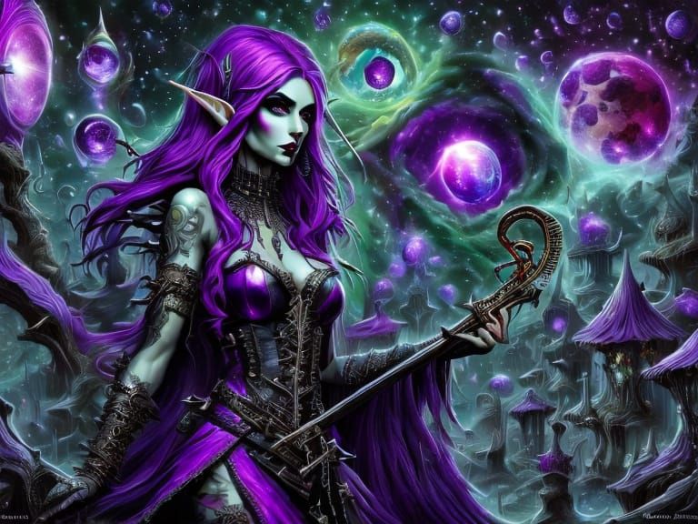 Punk Vampire Elf Diva with Magical Guitar in Cosmic Landscap...