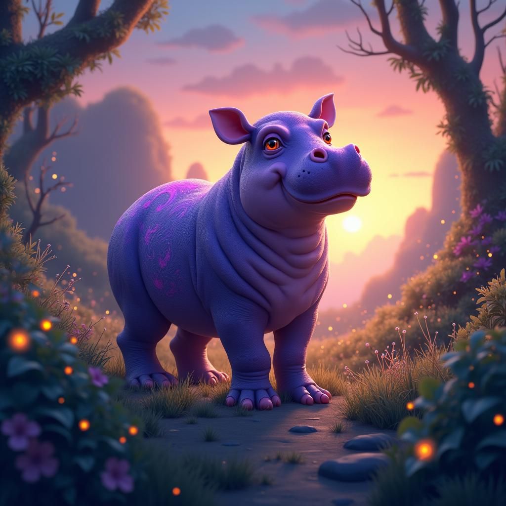 Iridescent Purple Hippo in Dreamlike Landscape