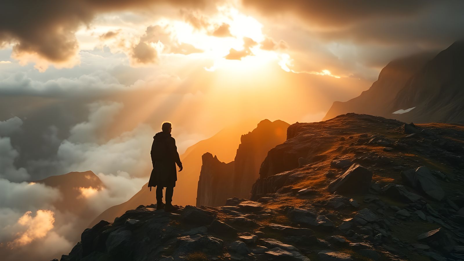 Norse Traveler at Mountain Ridge in Dramatic Lighting