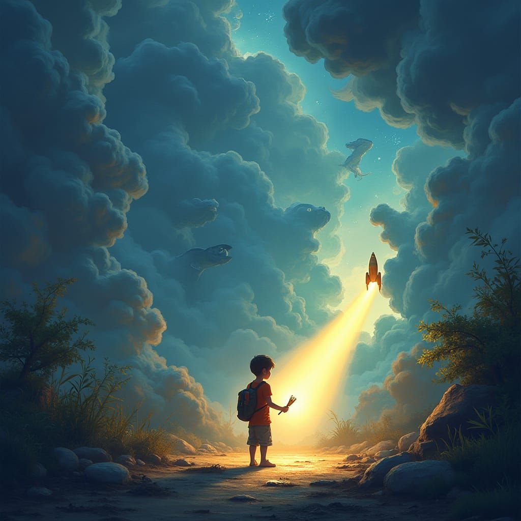 Dreamlike Shadow Theater with Dinosaurs and Rockets in Vibra...