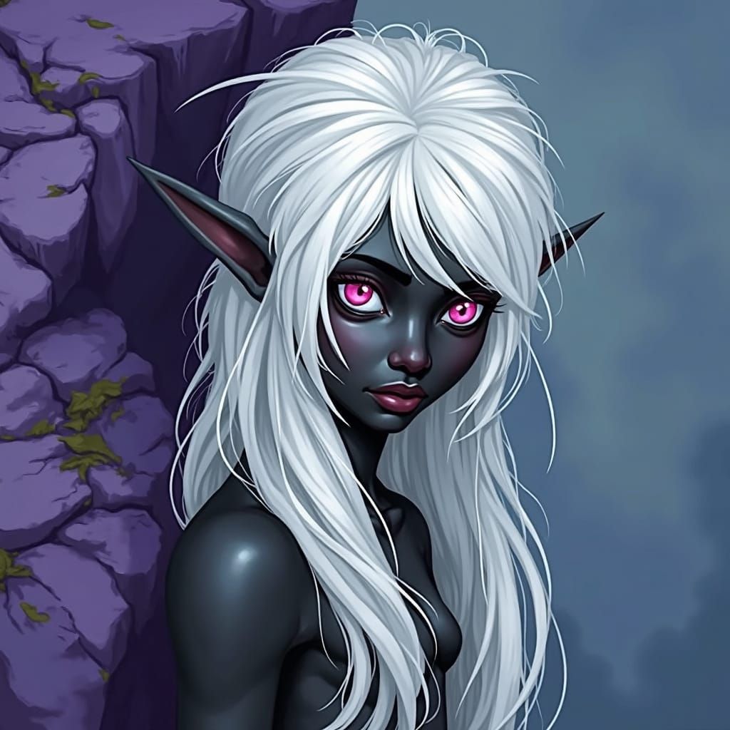 Mysterious Elf Maiden on a Majestic Purple Cliff