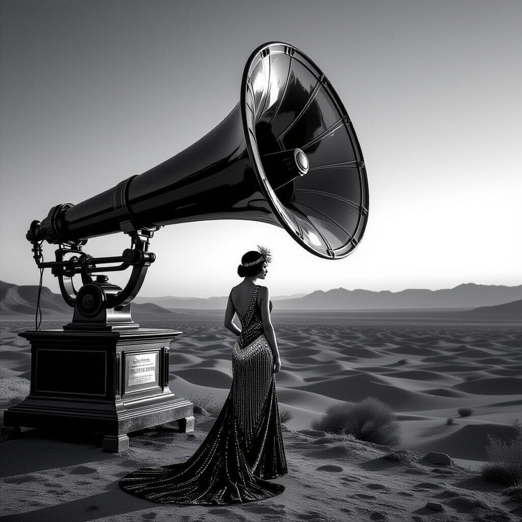 Showgirl on Gramophone Horn Overlooking Desert Twilight