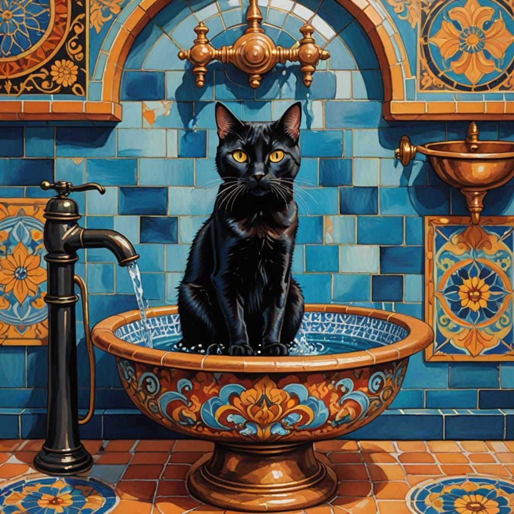 Black Cat in Basin: Gouache Style Golden Light