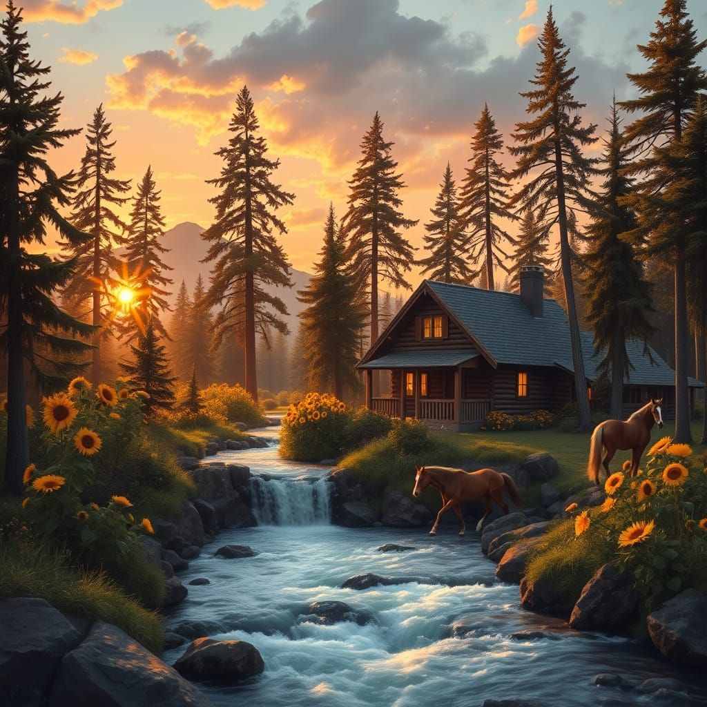 Serene Cabin Scene with Sunset and Waterfall in Whimsical St...