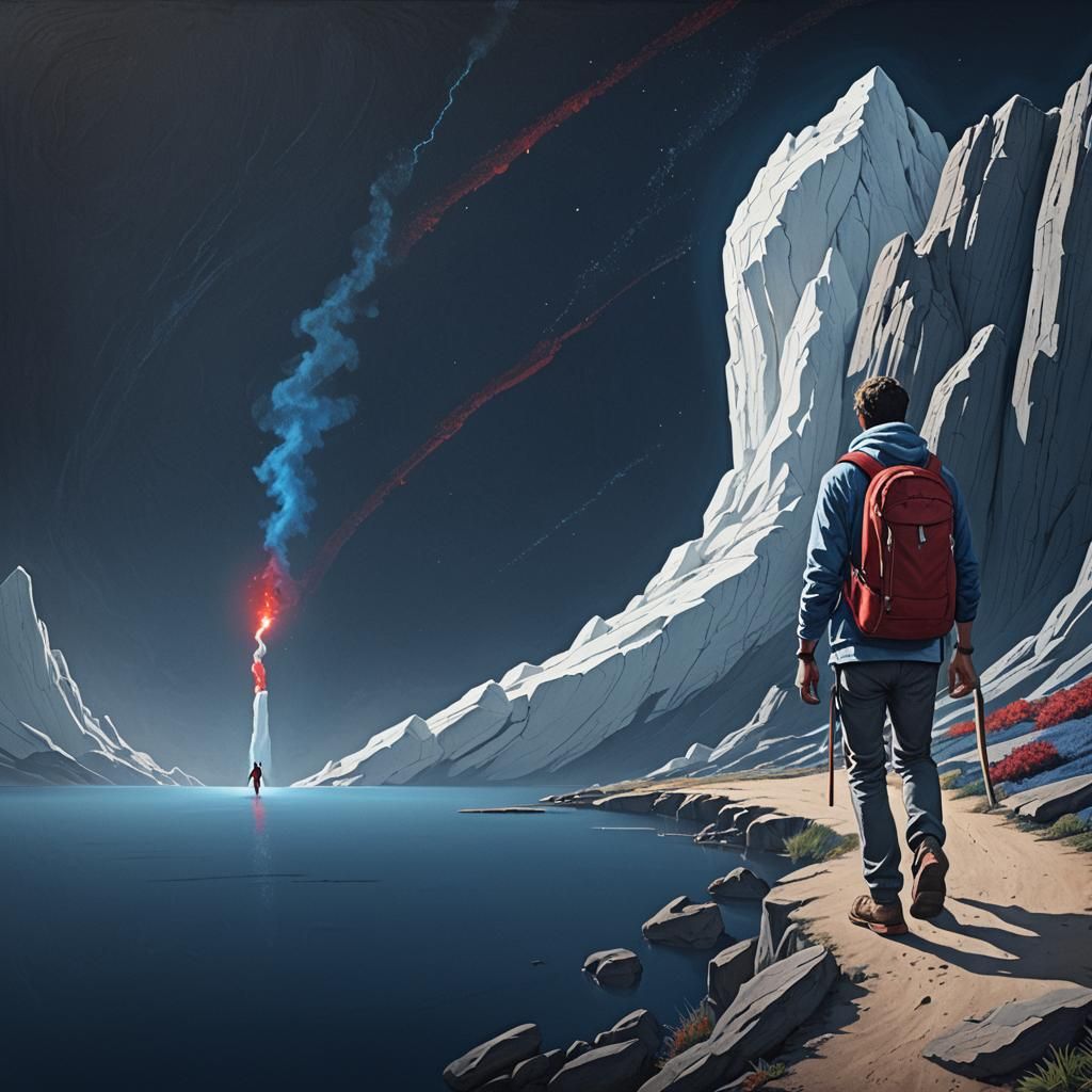 Giant Hand Draws Chalk Path for Traveler