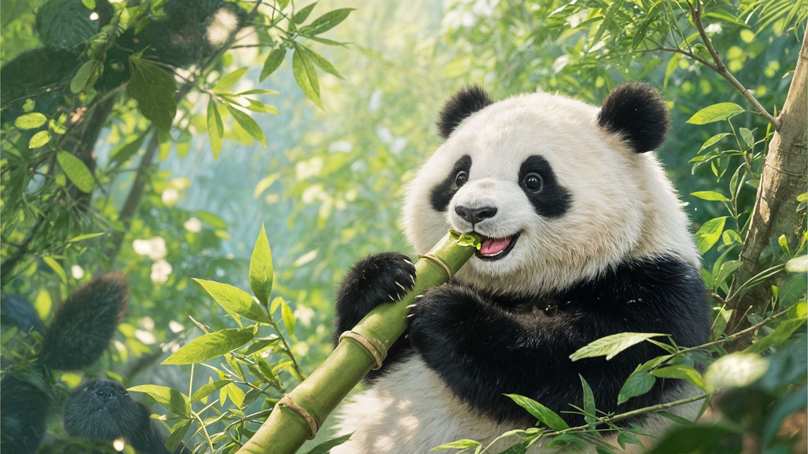Cute Giant Panda Eating Bamboo in Lush Greenery