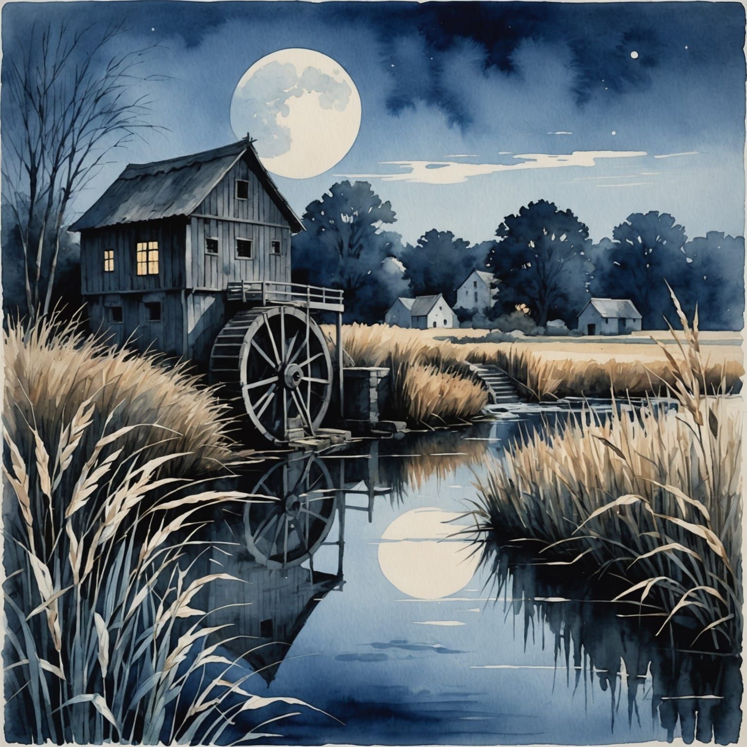 Monochrome Blue Watercolor: Watermill at Night