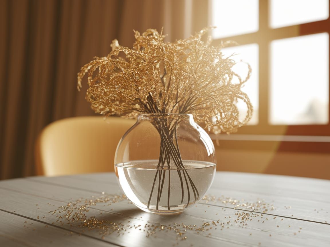 Golden Flowers in Glass Vase with Confetti