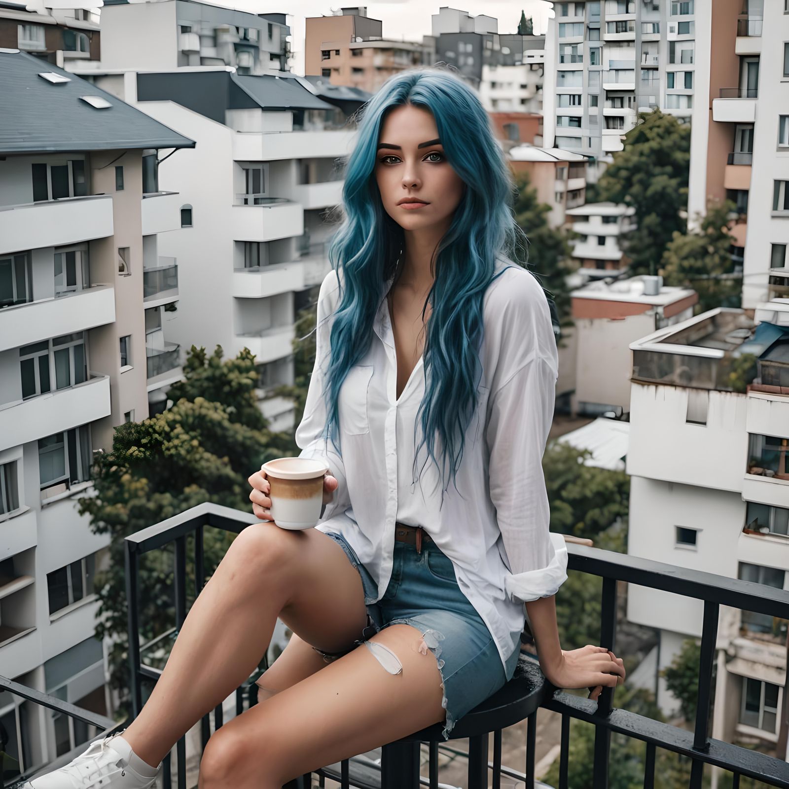 Blue-Haired Woman on Balcony Overlooking City