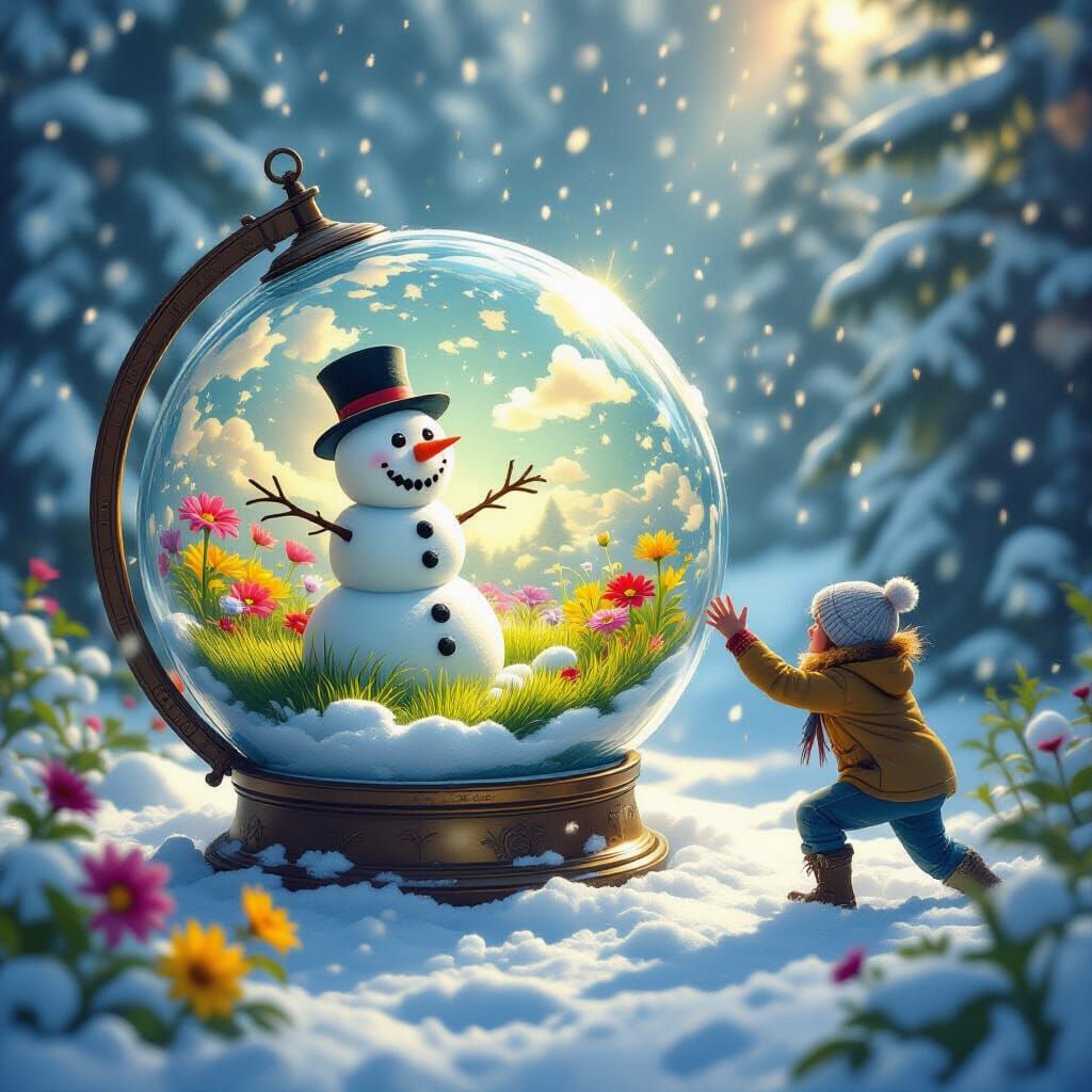Snowman's Summer Escape in Winter Storm Globe