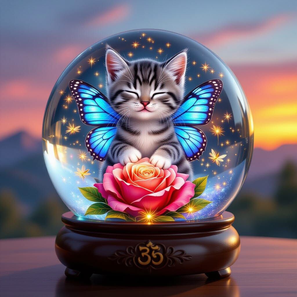 Meditating Kitten in Snow Globe with Butterfly Wings and Ros...