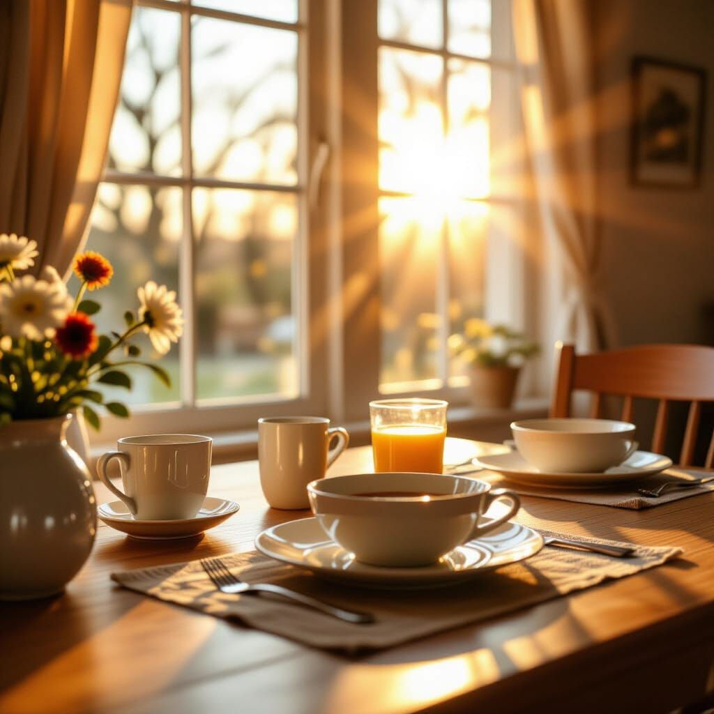 Photorealistic Breakfast Table in Golden Hour Sunlight