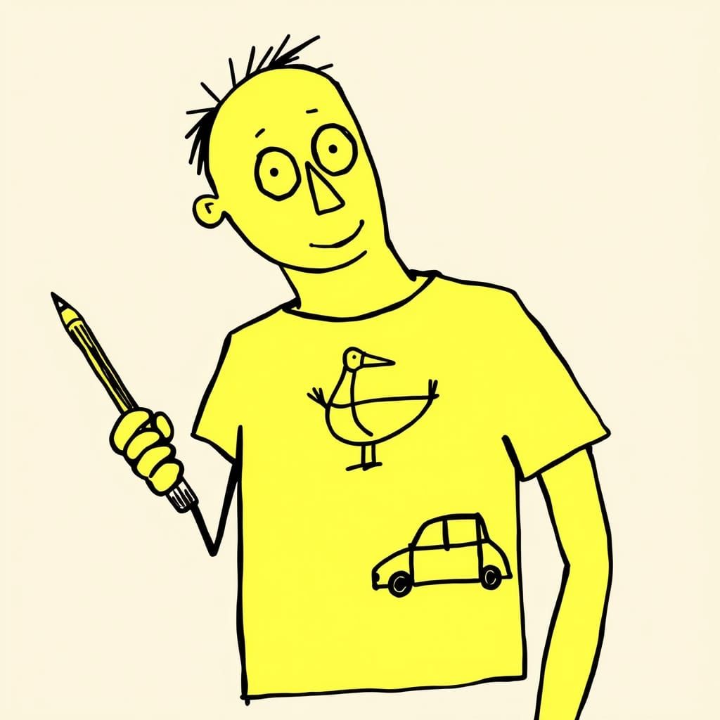 Stick Figure Doodles Bird Eating Car in Haring Style