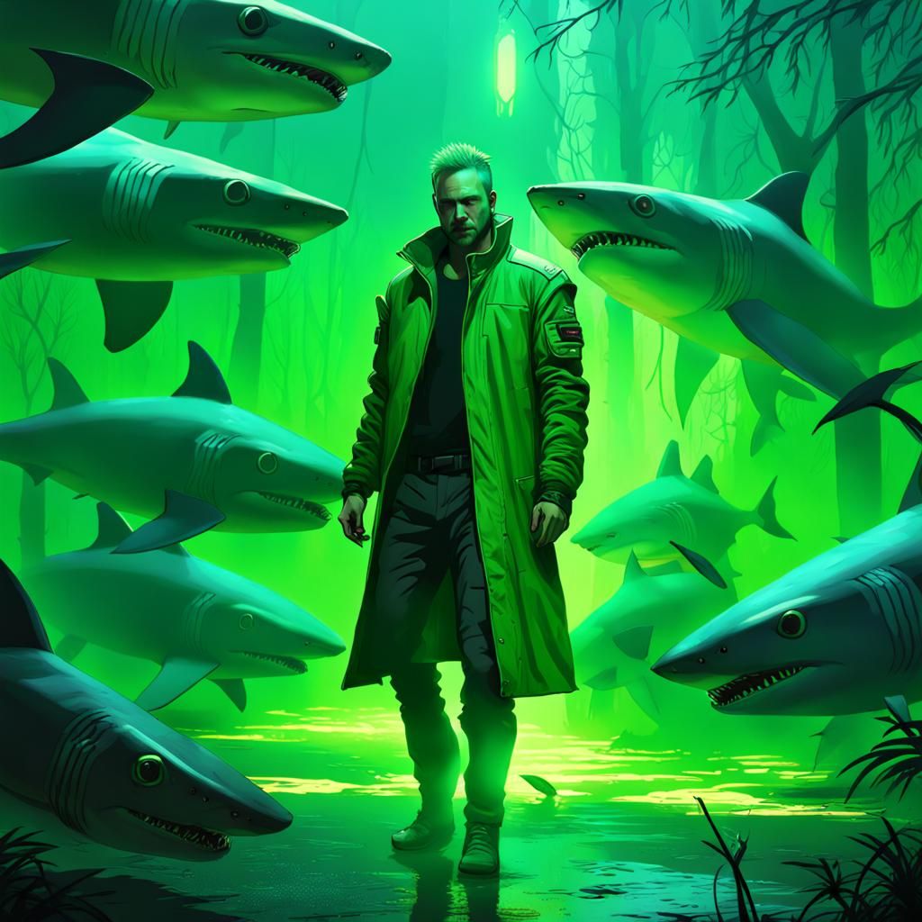 Man Surrounded by Sharks in Cyberpunk Forest