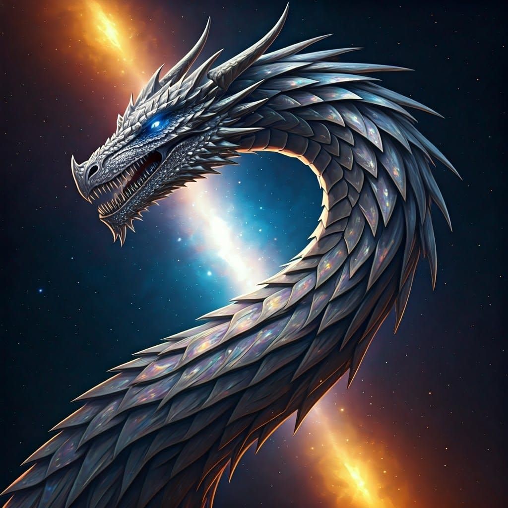 Majestic Silver Dragon Soars Through Space in Dynamic Flight
