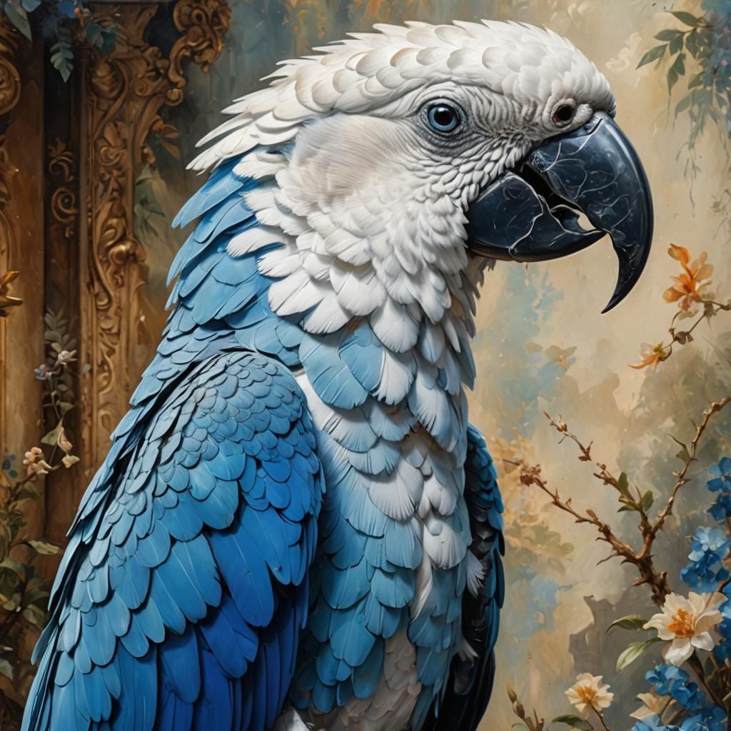 Hyperrealistic White and Blue Parrot Art