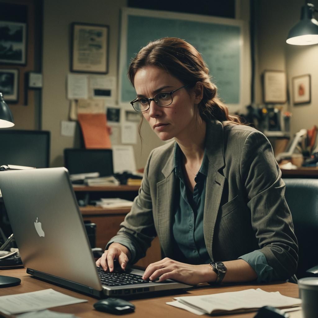 Cinematic Film Still of Woman at Computer