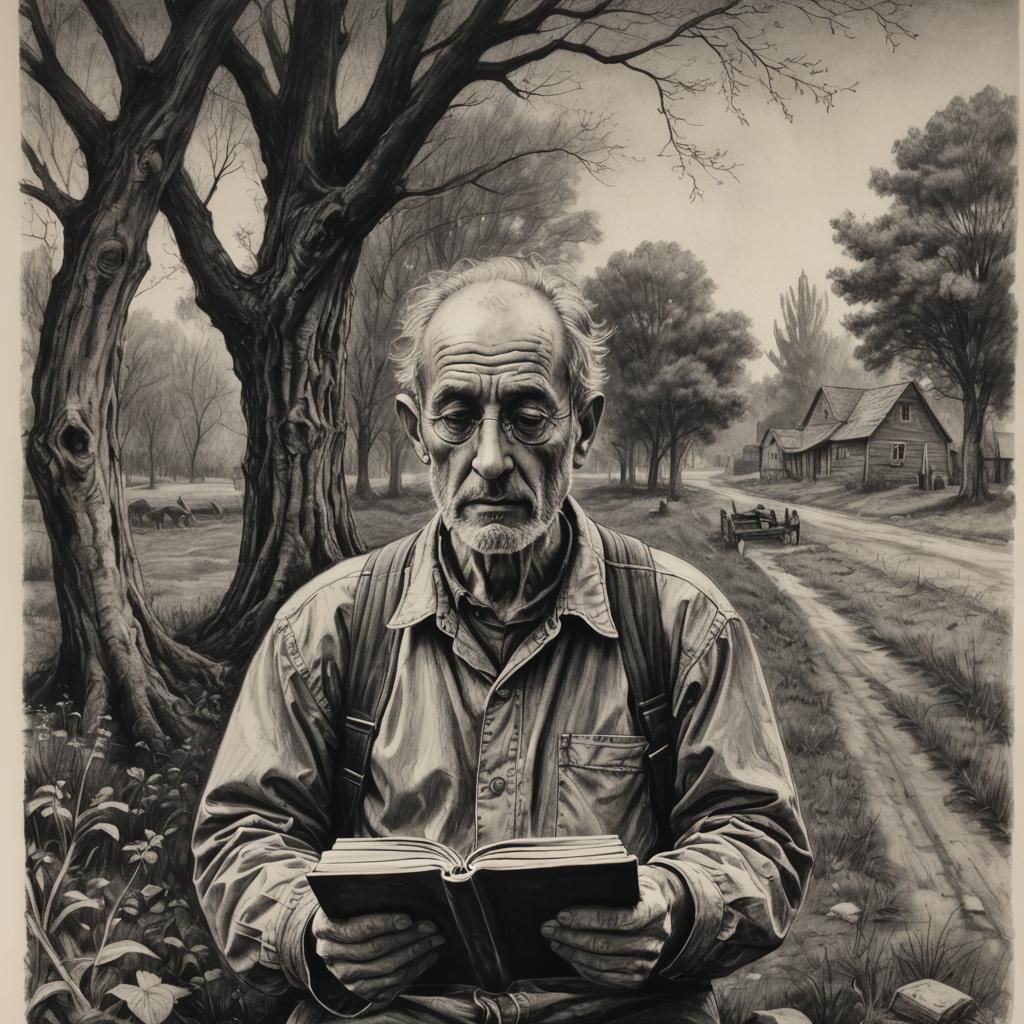 Saturnine Man Discards Book: Hyperdetailed Charcoal Drawing