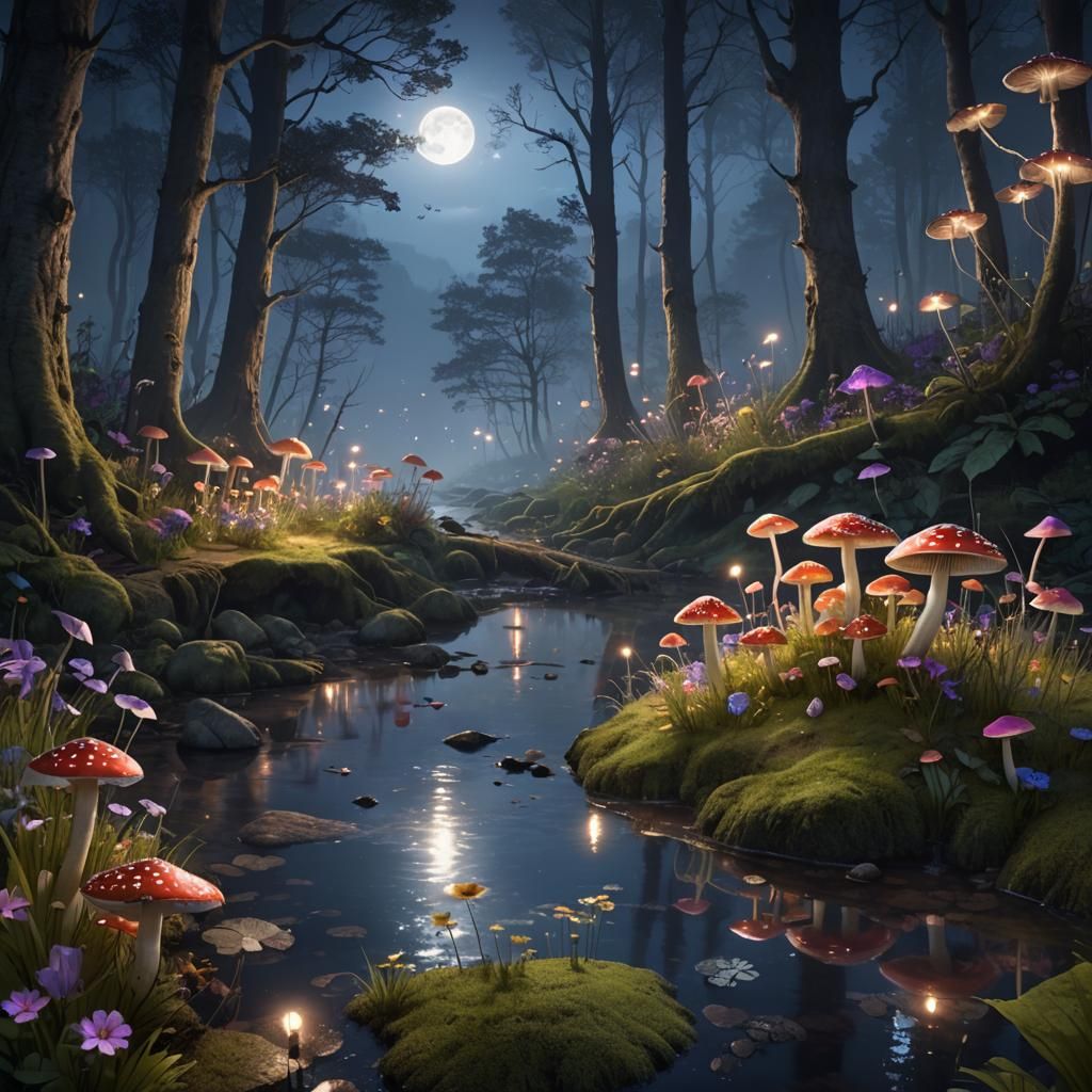 Magical Woodland Scene with Moonlit Stream, Fantasy Art