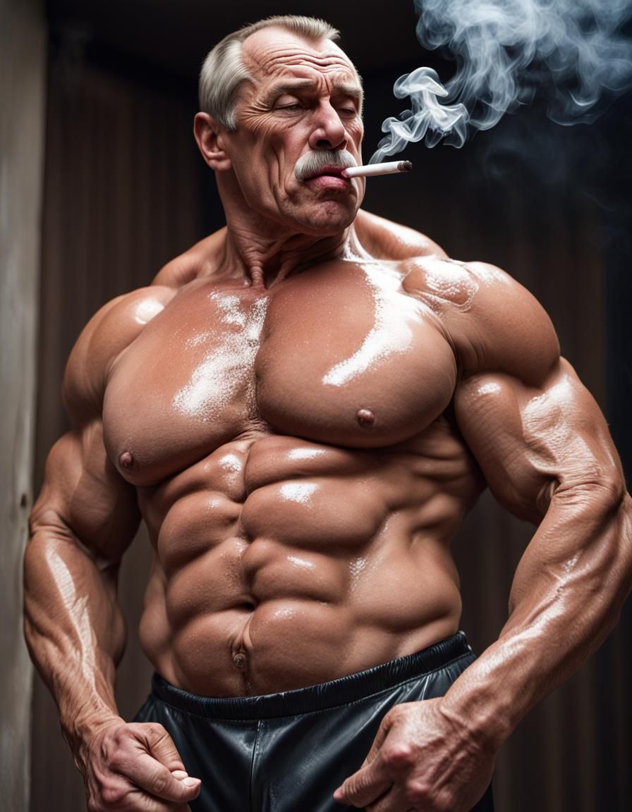 Hyperrealistic Portrait: Russian Bodybuilder Smoking
