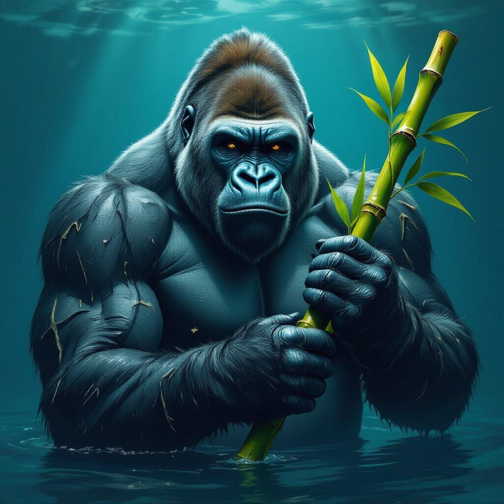 Hybrid Gorilla-Dolphin Creature with Bamboo and Scars
