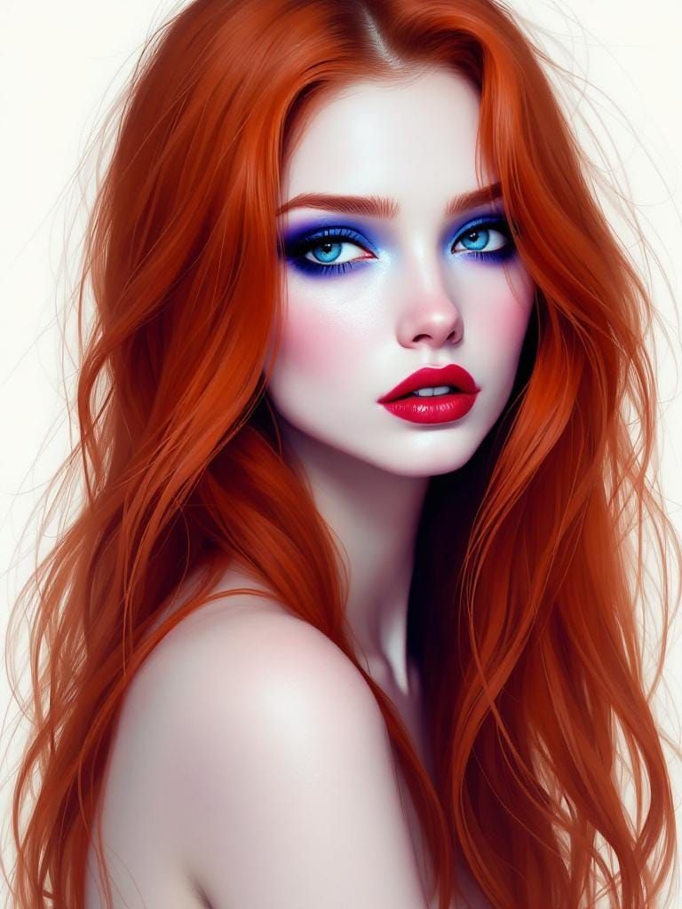 Stylized Anime Woman with Flowing Ginger Hair