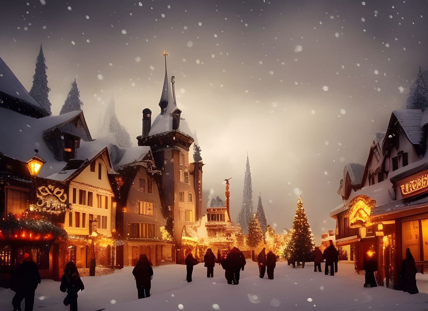 Snowy Gothic Christmas Town in Digital Matte Painting