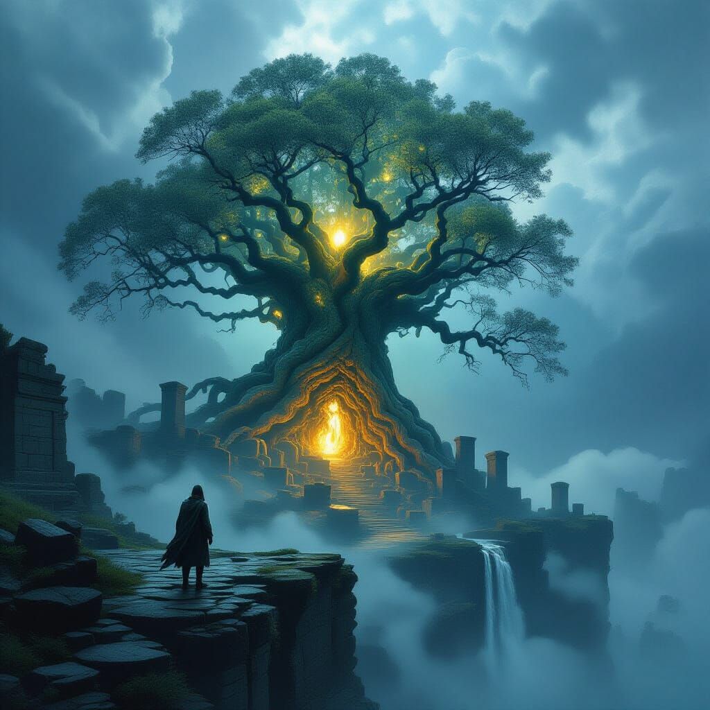 Explorer Views Ancient Tree Over Ruined City
