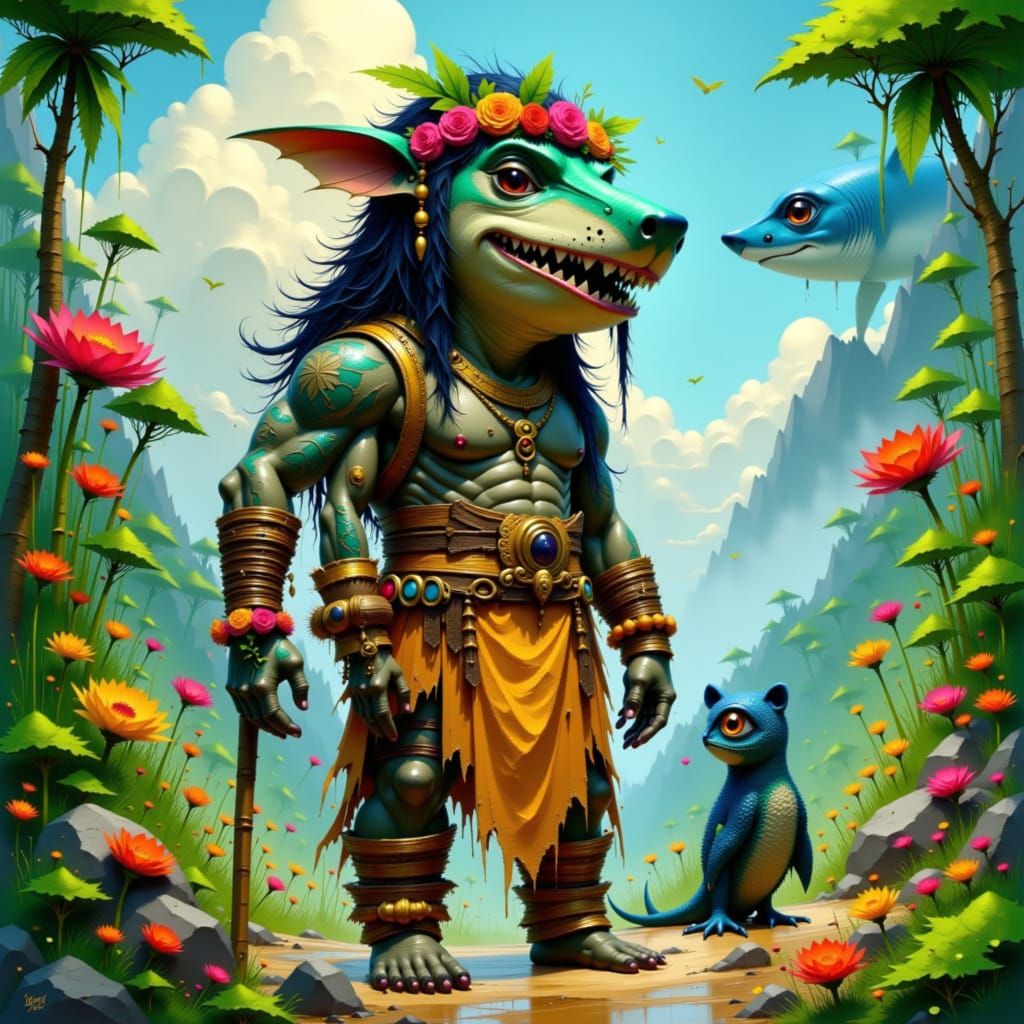 Hawaiian Warrior with Animal Spirits in Mystical Realism