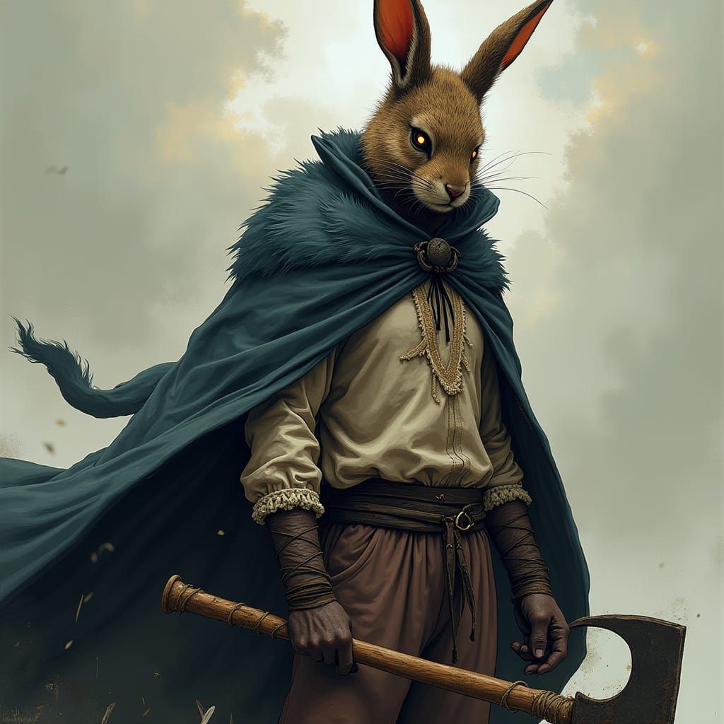 Gothic Dark Fantasy Hero in Rabbit Mask and Cape