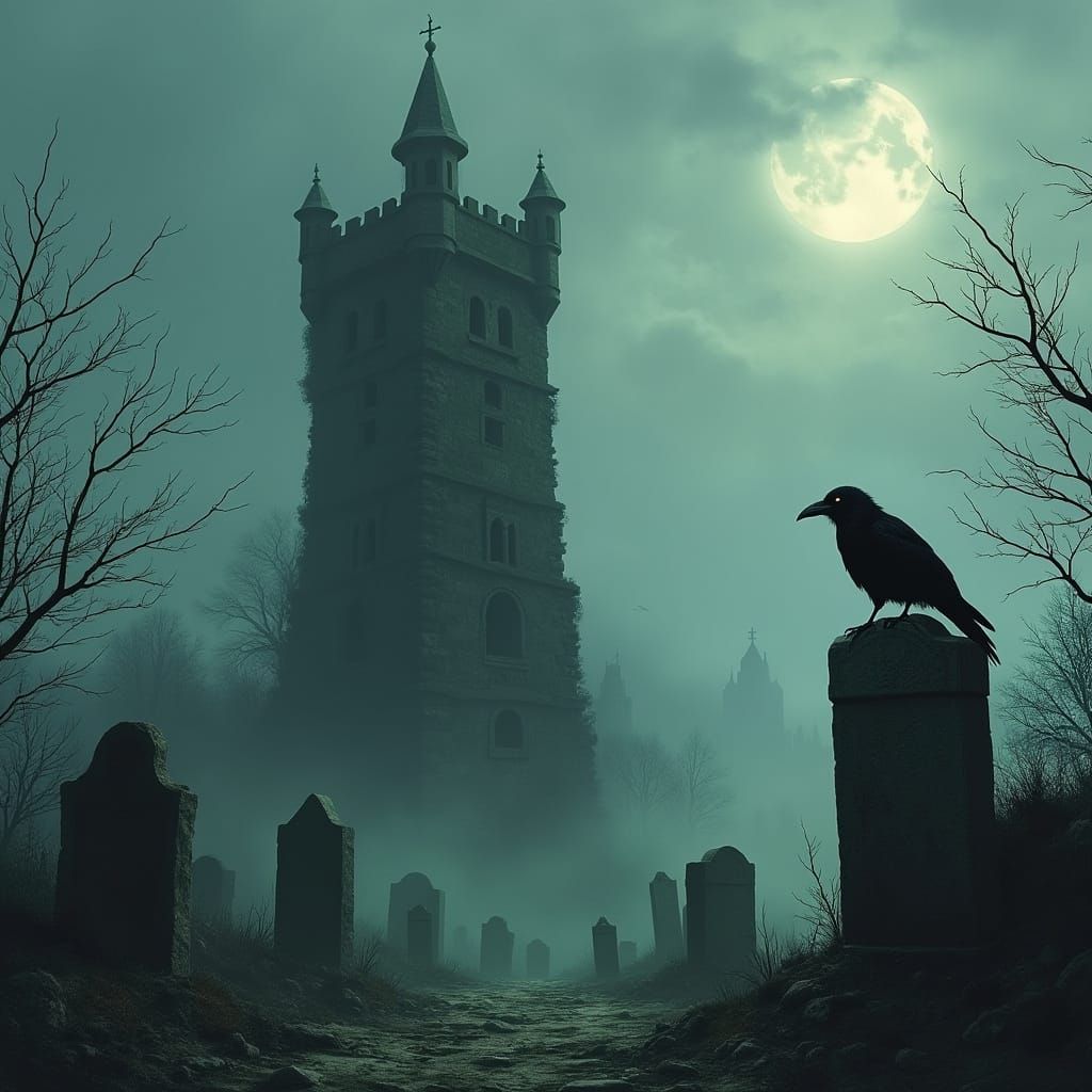 Spectral Raven Overlooks Gothic Graveyard in Dark Fantasy Ar...