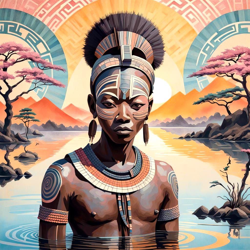 Tribal African and Japanese Art Fusion with Samurai