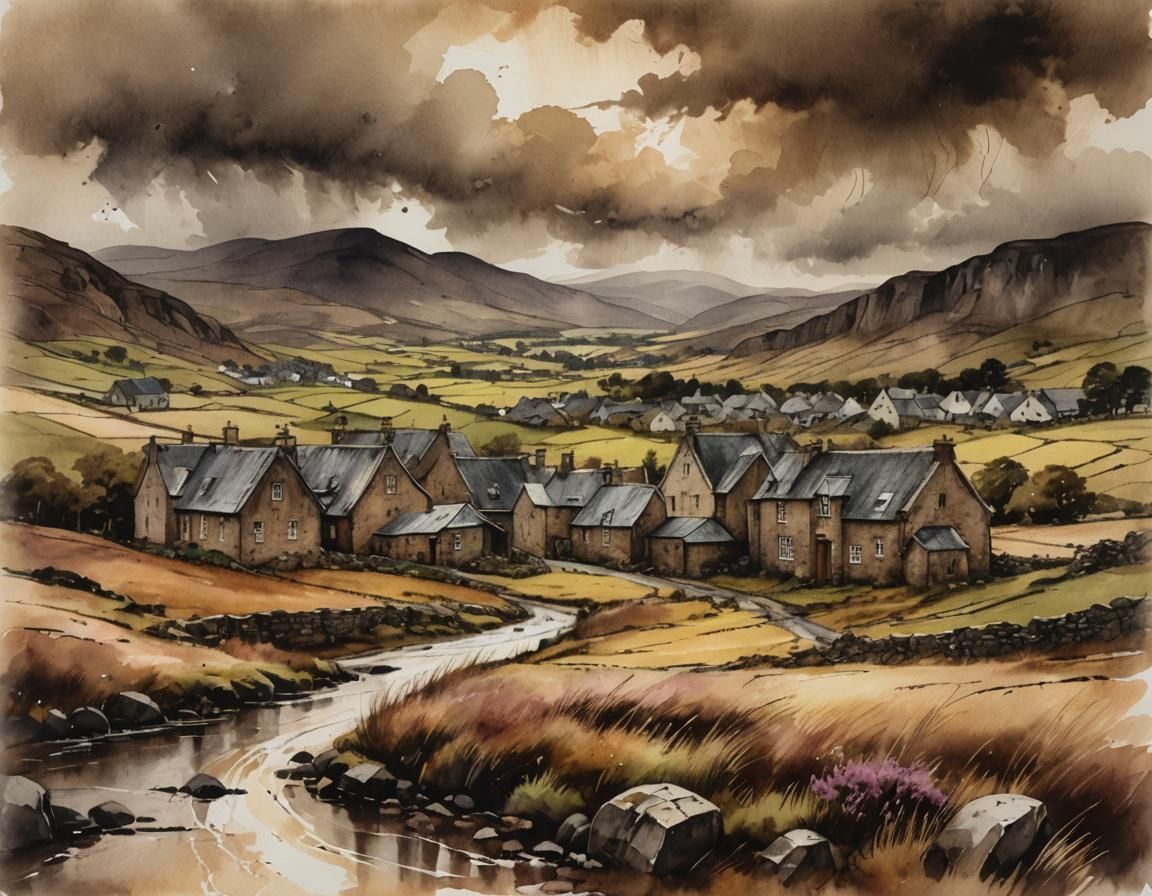 Highland Village Engulfed by Storm in Expressionist Style