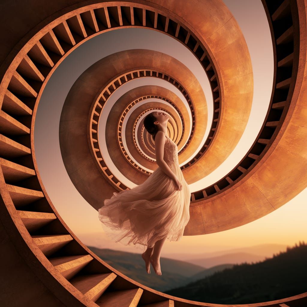 Dreamlike Staircase Vortex: Surreal Infinite Architecture