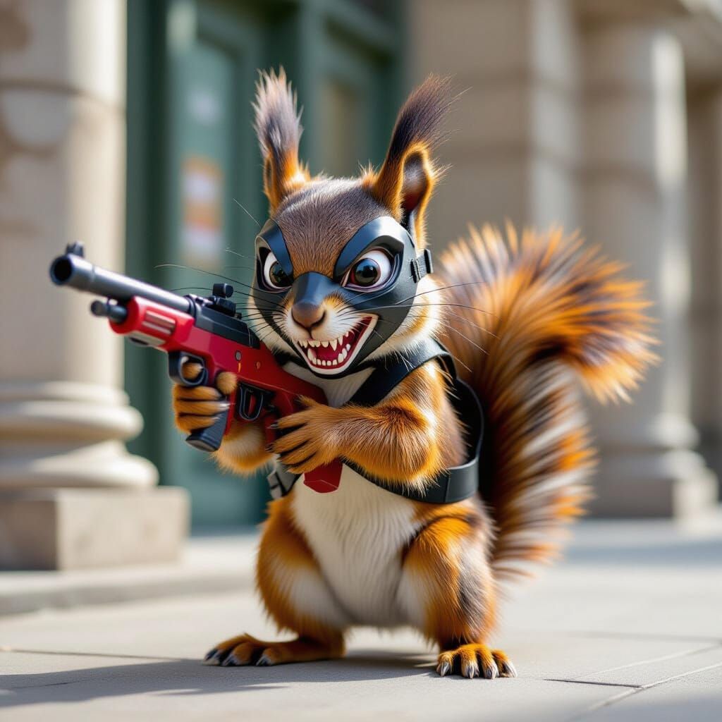 Squirrel Bank Robbery with Toy Gun in Bright Colors