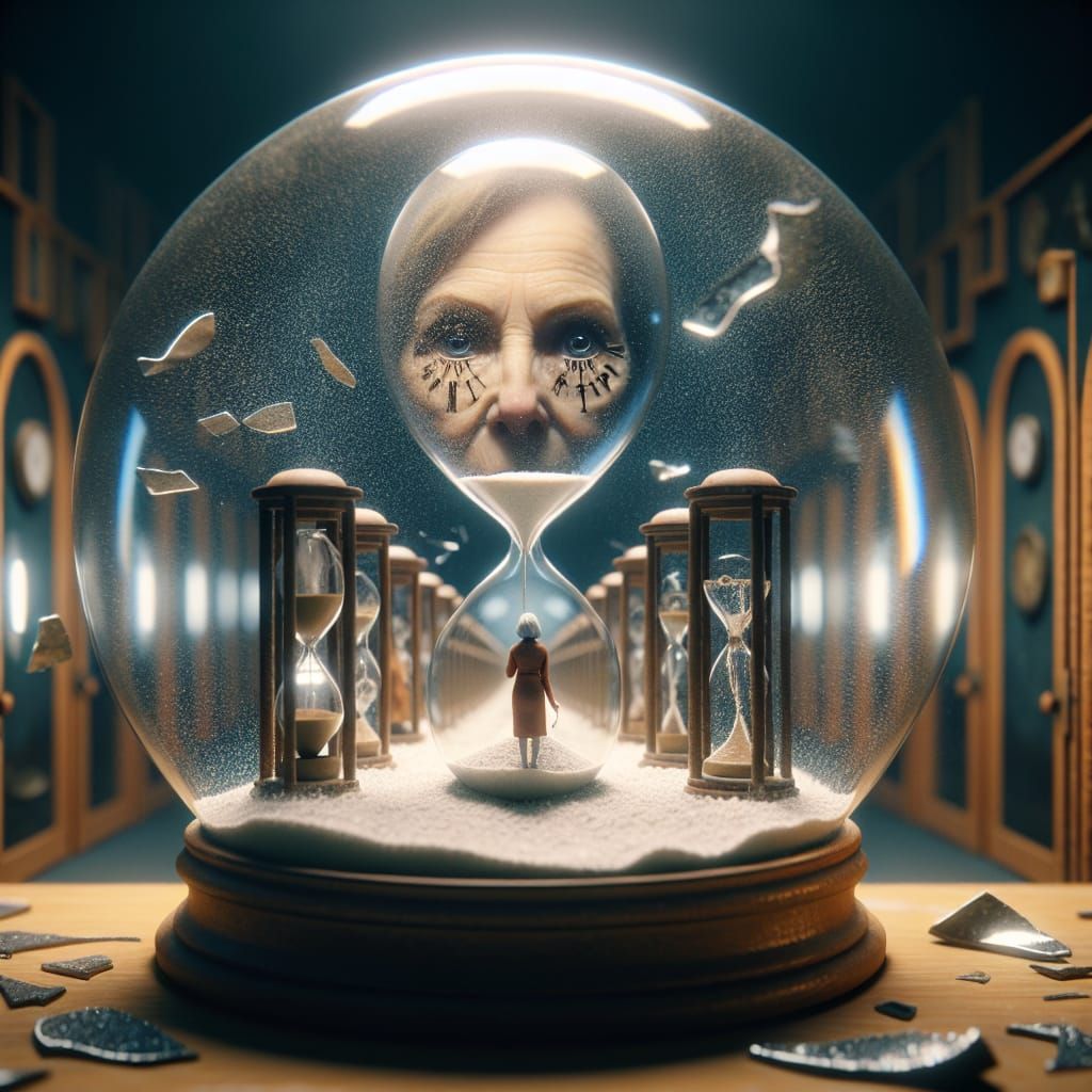 Surreal Hourglass Woman Encapsulated in Snow Globe