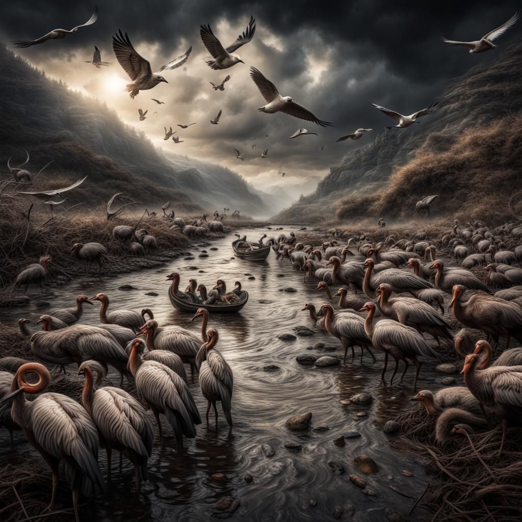 Dramatic Migratory Scene in Hyperrealistic Style