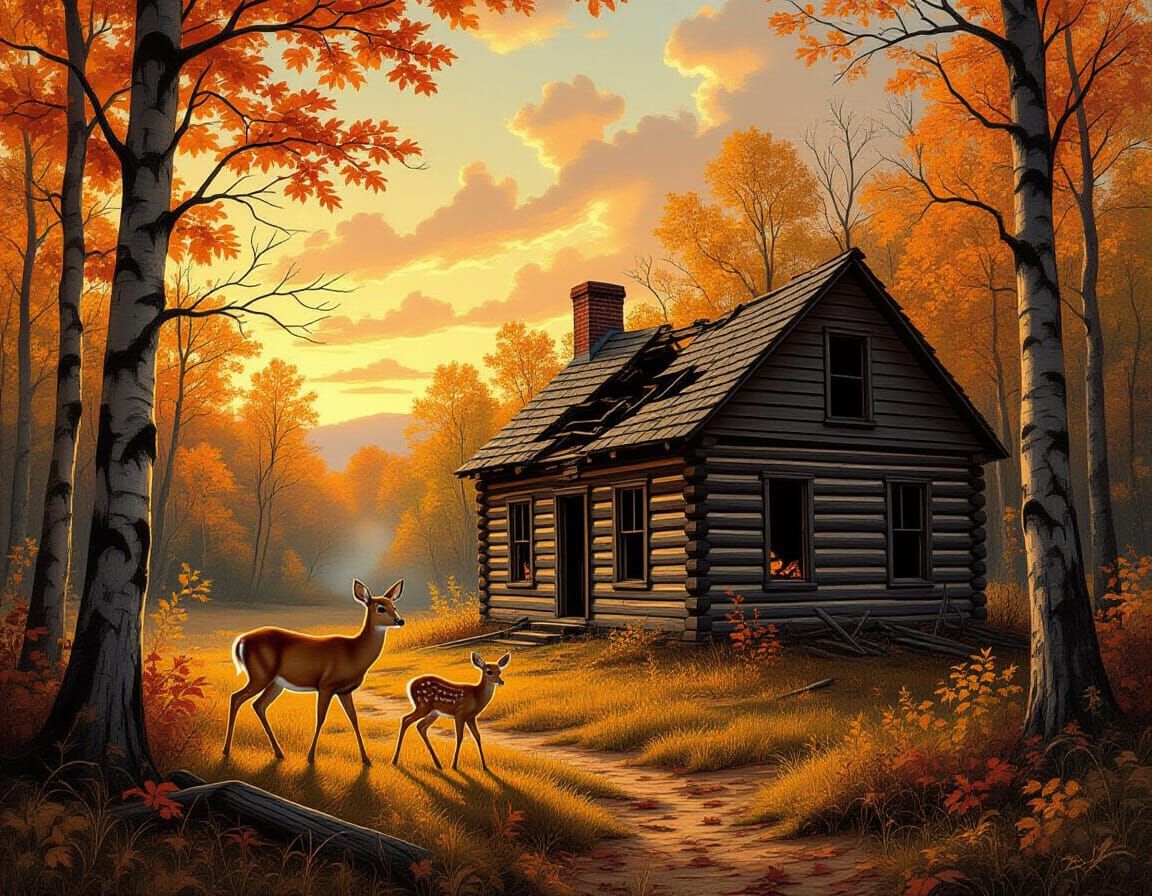 Deer Family at Abandoned Cabin in Autumn