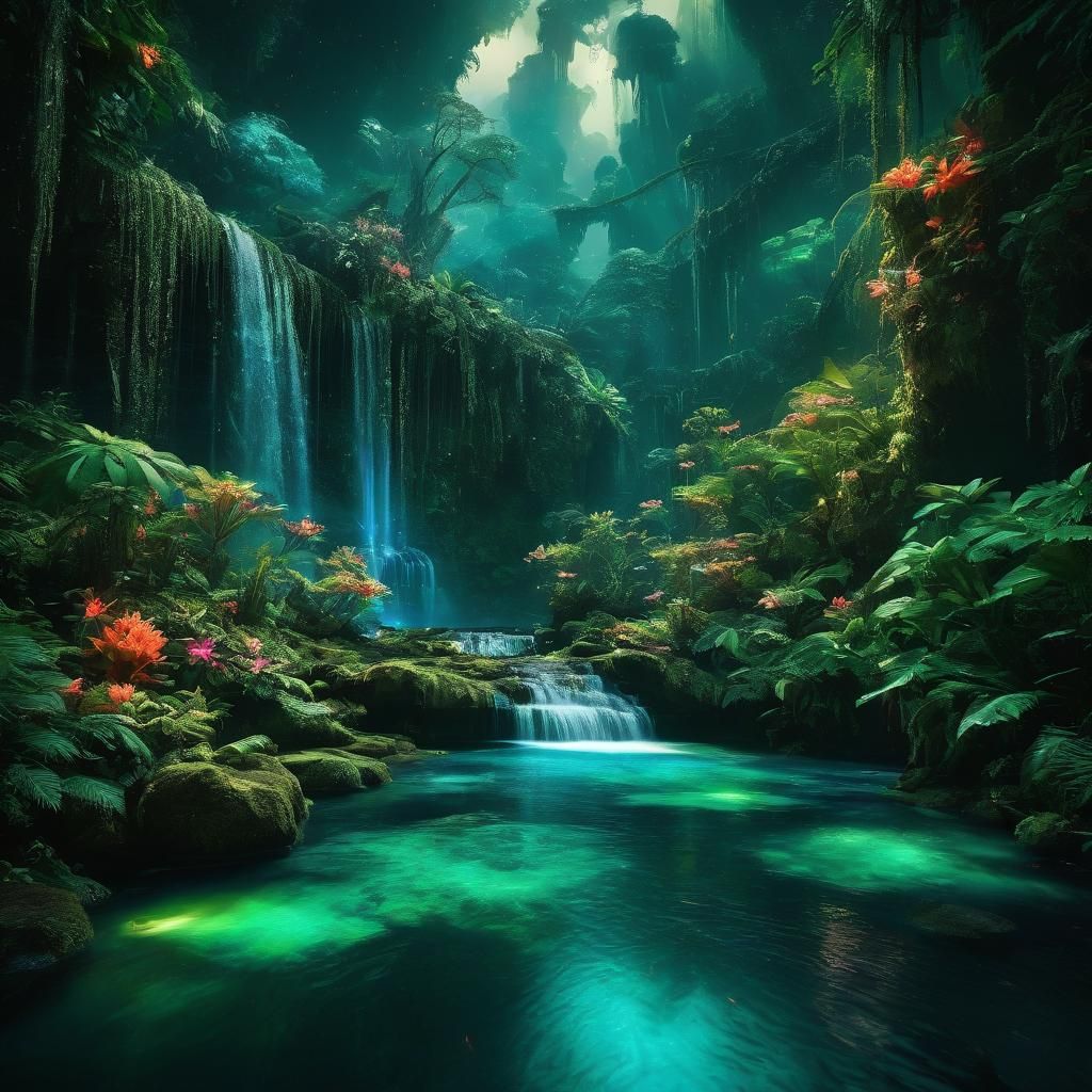 Bioluminescent Rainforest Waterfalls Under Starry Sky
