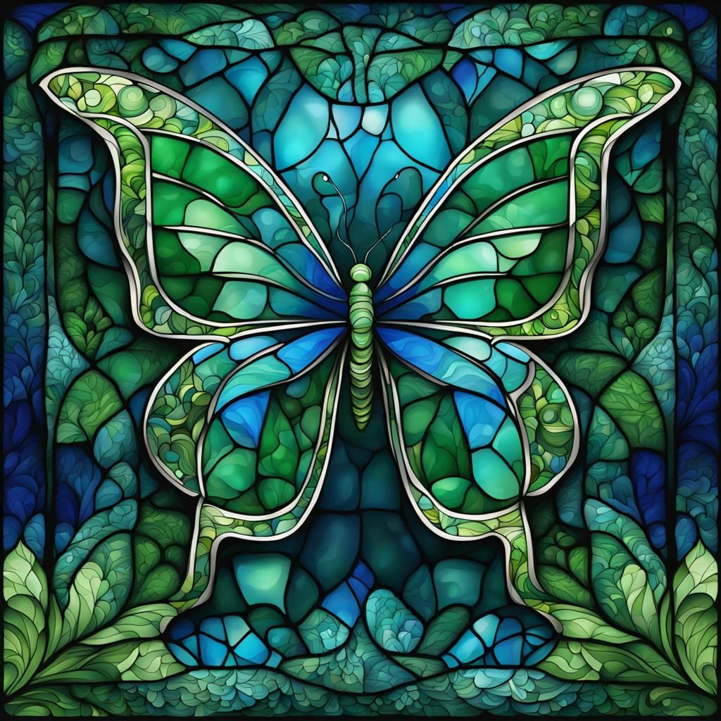 Blue Stained Glass Butterfly in Forest