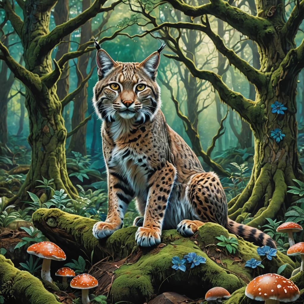 Bobcat in Mystical Forest Landscape, Fantasy Concept Art