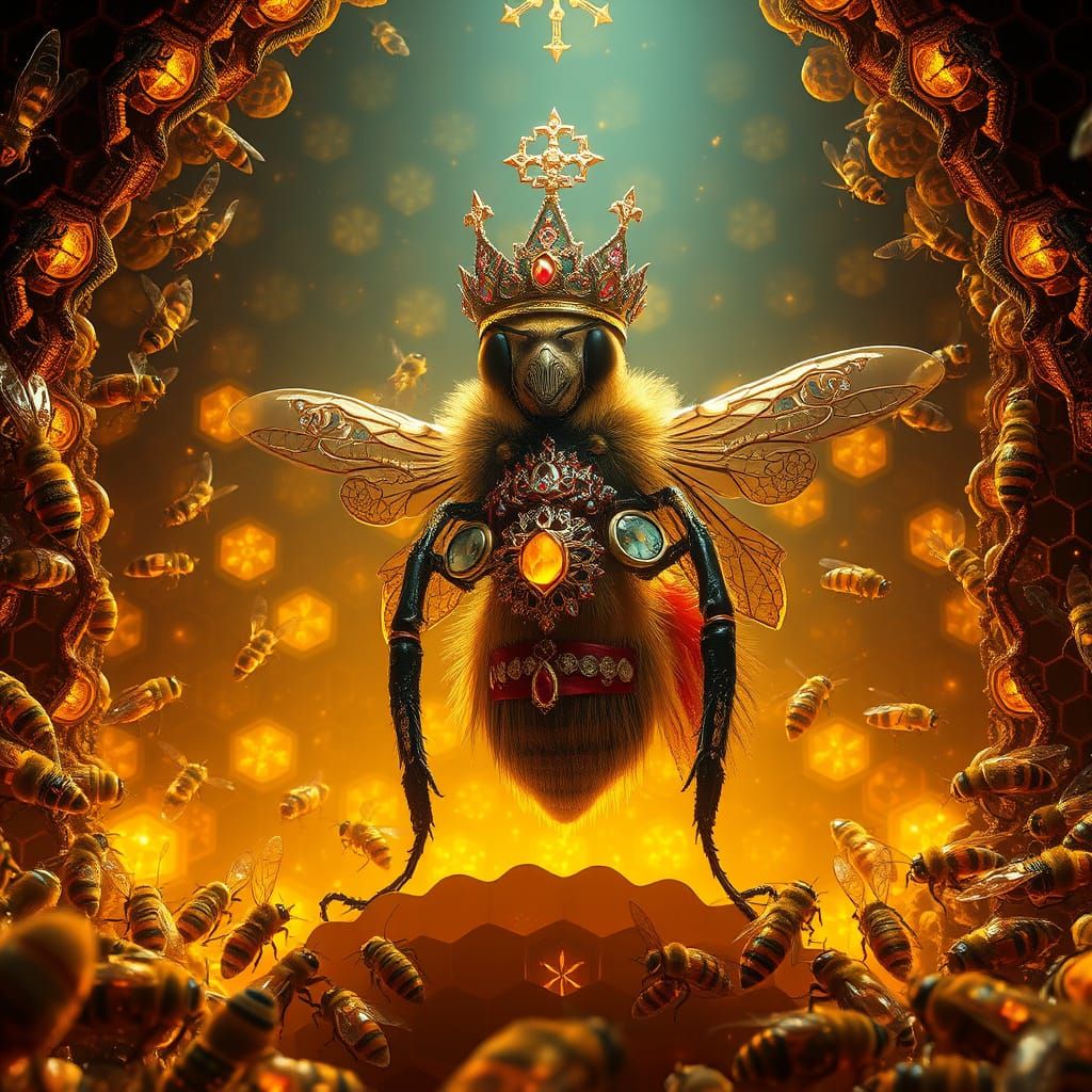 Regal Queen Bee Reigns Within Her Golden Hive