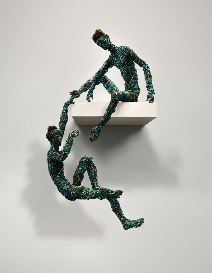 Wire art sculptures made from copper of two figures one of whom is helping pull the other one up onto a ledge. colorful ...