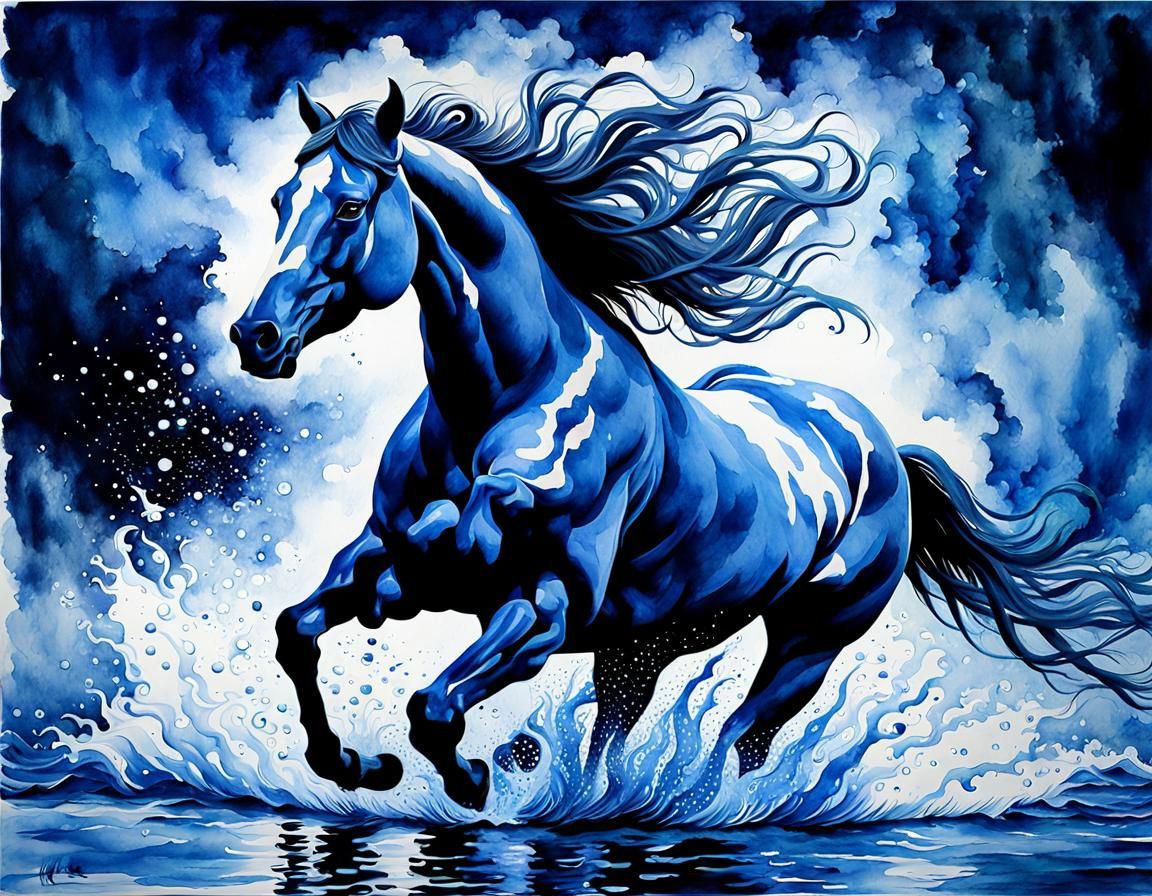 Monochromatic Blue Horse Galloping: Watercolor Impasto Paint...