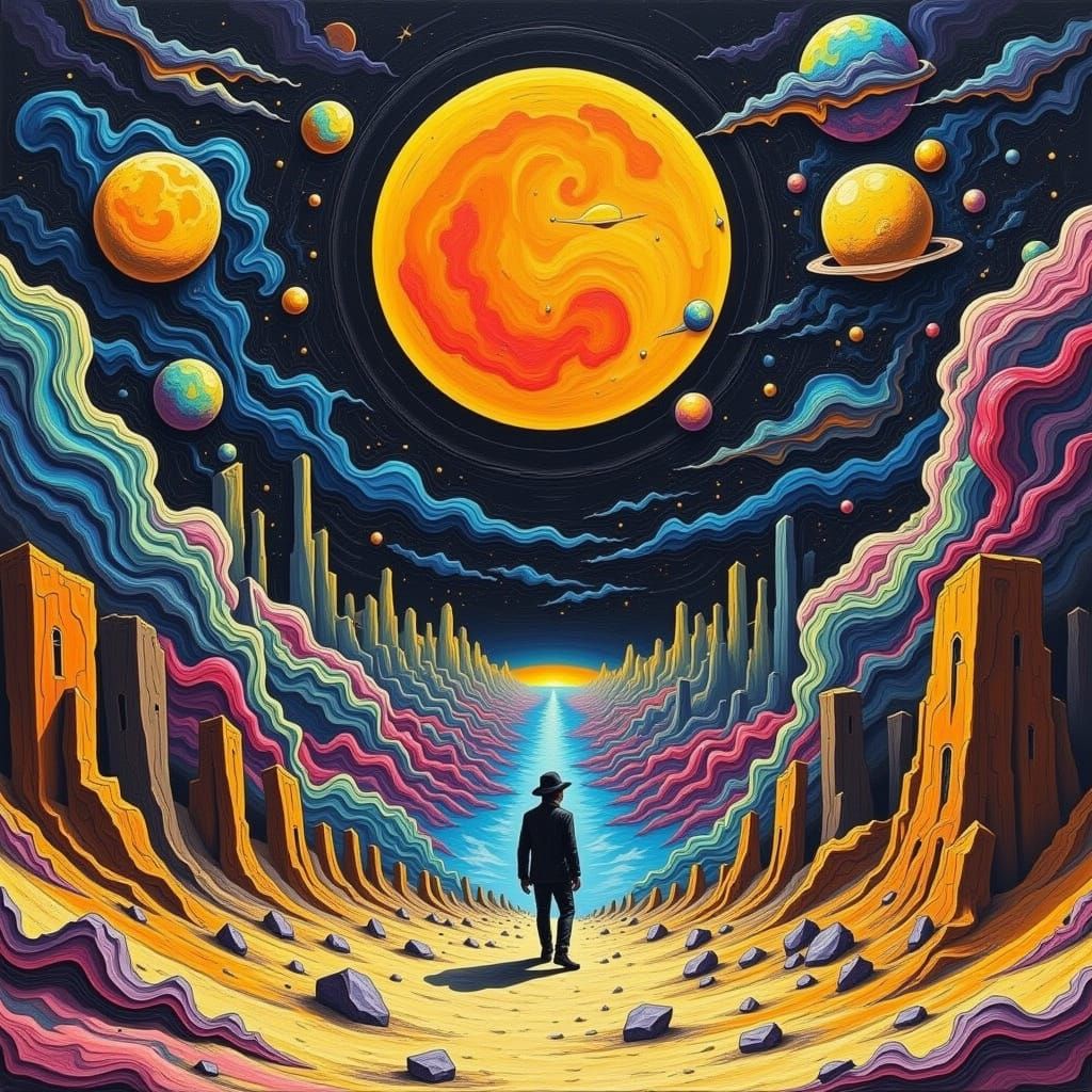 Psychedelic Sand People in Surreal Landscape