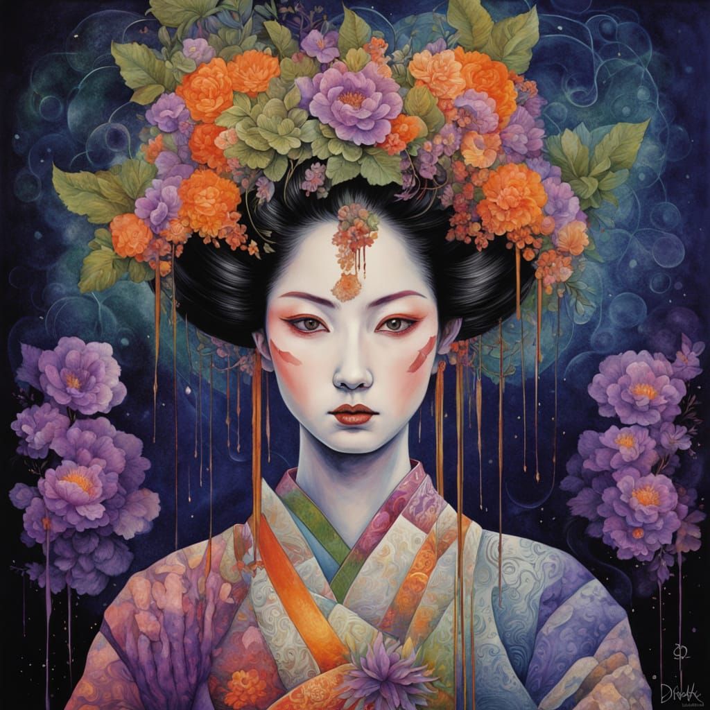 Surreal Triadic Geisha Portrait in Whimsical Oil on Canvas