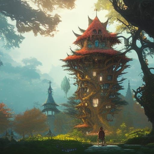 Fantasy Treehouse Castle in Autumn Light