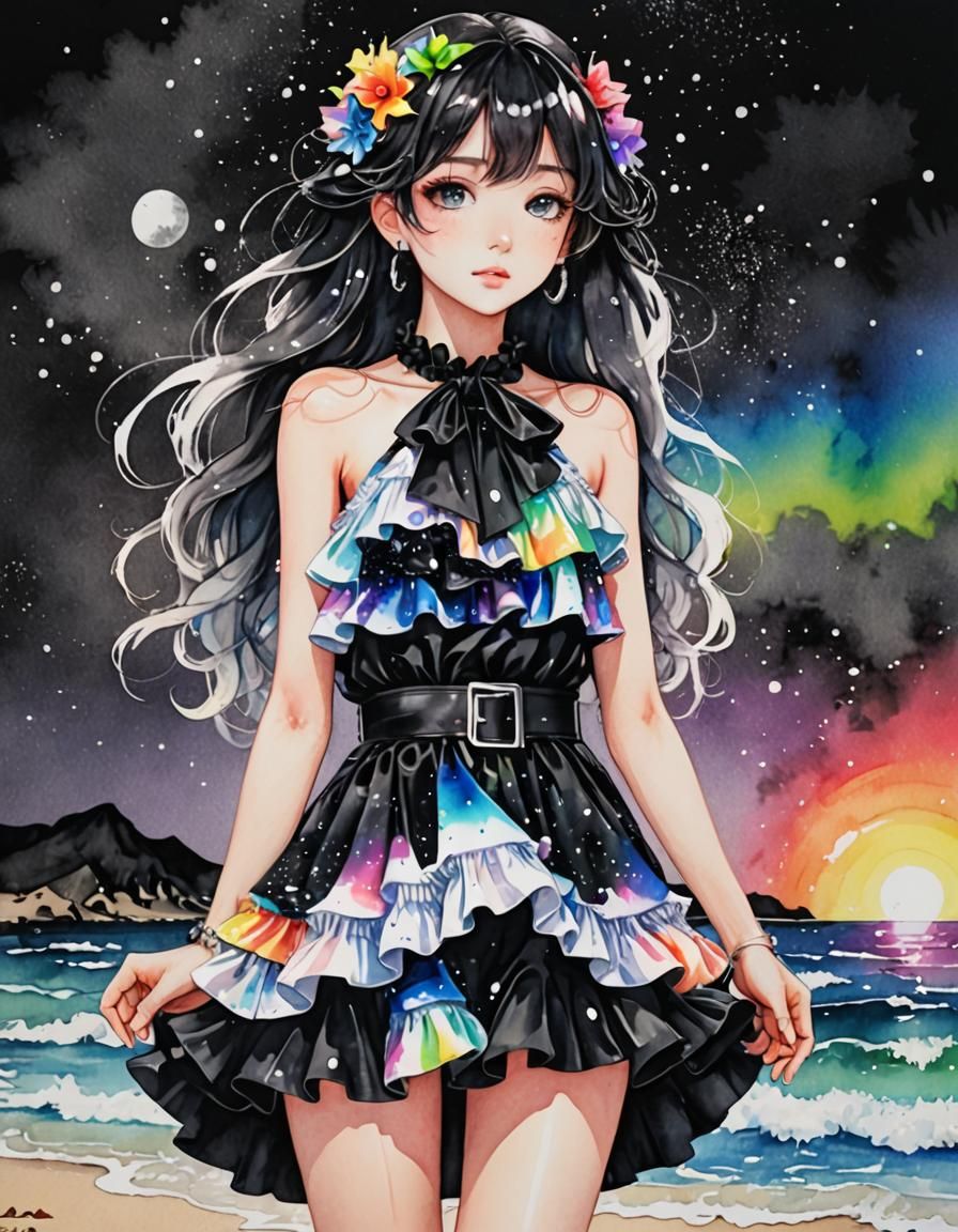 Seashore Figure in Black and White Anime Style